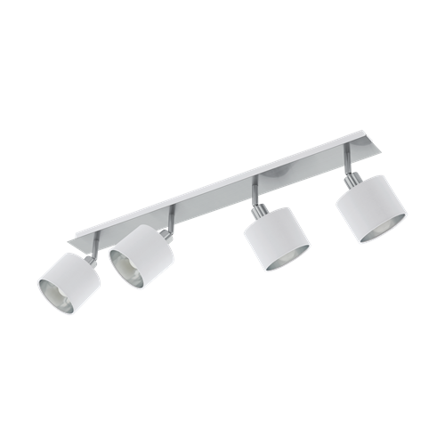 Valbiano Spotlampe i Metal Hvid og Satin Nikkel, med lampeskærme i Hvid tekstil, MAX 4x10 E14 LED, længde 78 cm, dybde 7 cm.